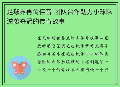 足球界再传佳音 团队合作助力小球队逆袭夺冠的传奇故事