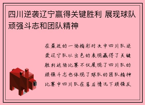 四川逆袭辽宁赢得关键胜利 展现球队顽强斗志和团队精神