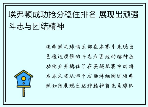 埃弗顿成功抢分稳住排名 展现出顽强斗志与团结精神