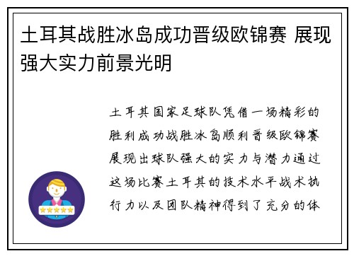 土耳其战胜冰岛成功晋级欧锦赛 展现强大实力前景光明