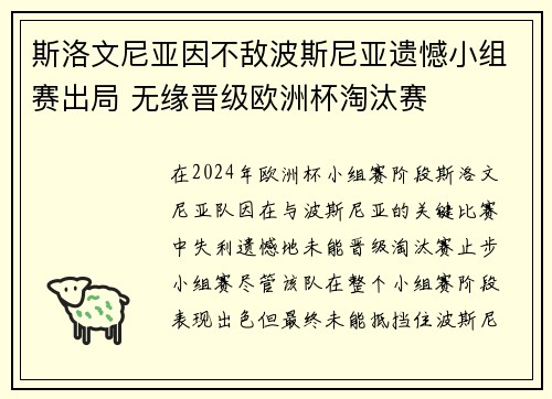 斯洛文尼亚因不敌波斯尼亚遗憾小组赛出局 无缘晋级欧洲杯淘汰赛