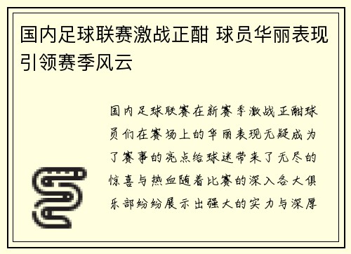 国内足球联赛激战正酣 球员华丽表现引领赛季风云