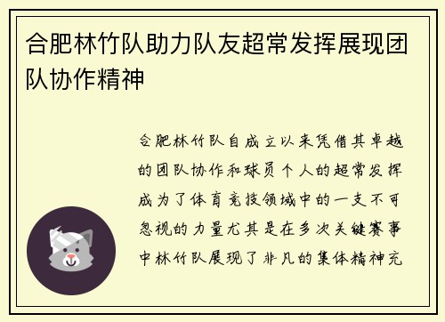 合肥林竹队助力队友超常发挥展现团队协作精神