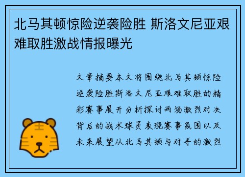 北马其顿惊险逆袭险胜 斯洛文尼亚艰难取胜激战情报曝光
