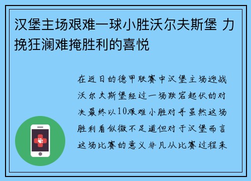 汉堡主场艰难一球小胜沃尔夫斯堡 力挽狂澜难掩胜利的喜悦