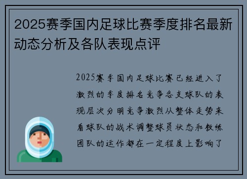 2025赛季国内足球比赛季度排名最新动态分析及各队表现点评