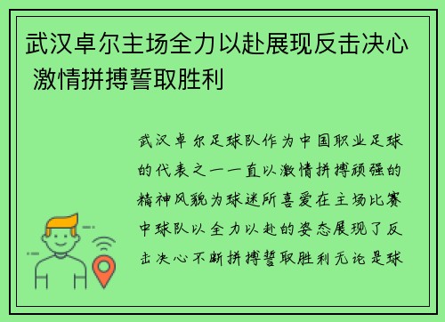 武汉卓尔主场全力以赴展现反击决心 激情拼搏誓取胜利
