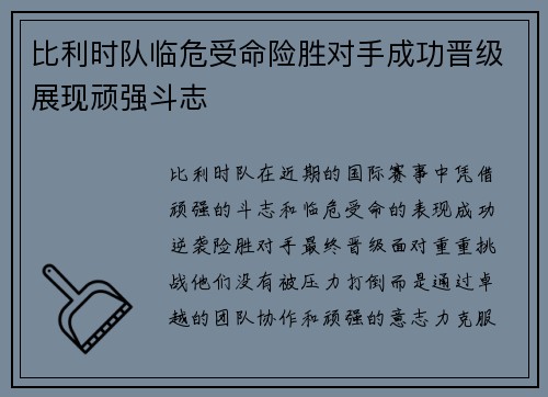比利时队临危受命险胜对手成功晋级展现顽强斗志