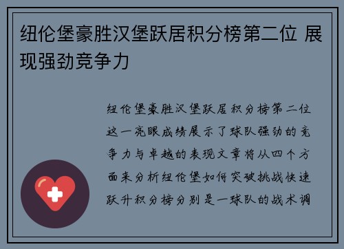 纽伦堡豪胜汉堡跃居积分榜第二位 展现强劲竞争力