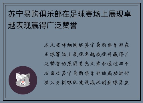 苏宁易购俱乐部在足球赛场上展现卓越表现赢得广泛赞誉