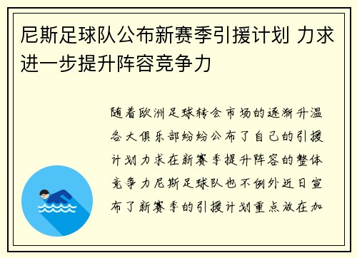 尼斯足球队公布新赛季引援计划 力求进一步提升阵容竞争力